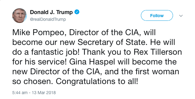 President Donald Trump tweets, 13 March, 2018.